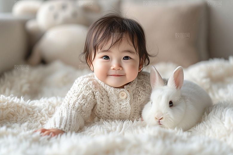 儿童和兔子孩子可爱摄影图