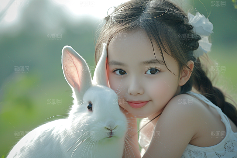 儿童和兔子童趣自然摄影图