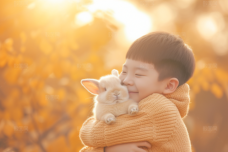 儿童和兔子童趣爱心摄影图