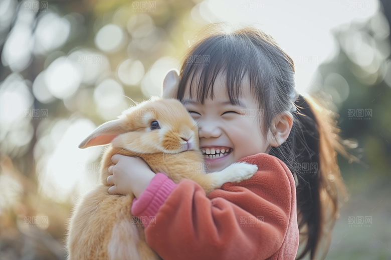 儿童和兔子童趣爱心摄影图