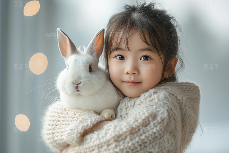 儿童和兔子高清生活摄影图