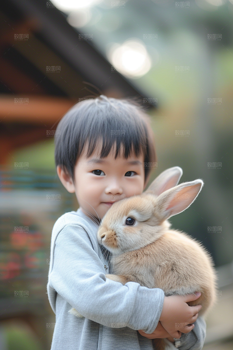 儿童和兔子可爱孩子摄影图