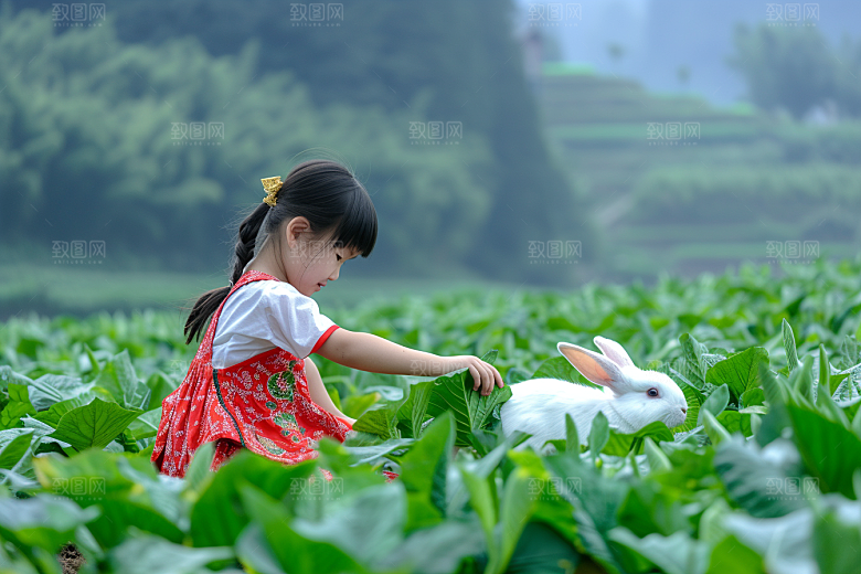 儿童和兔子爱心生活摄影图
