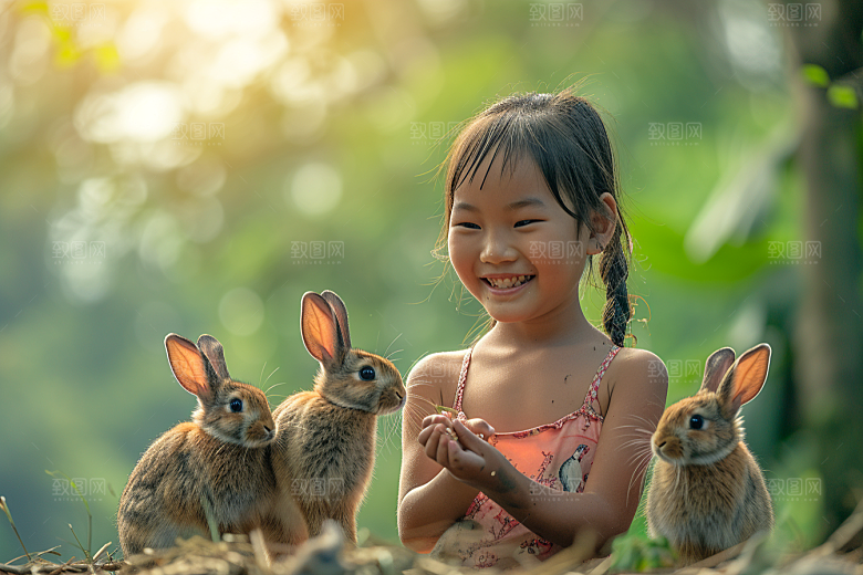 儿童和兔子高清自然摄影图