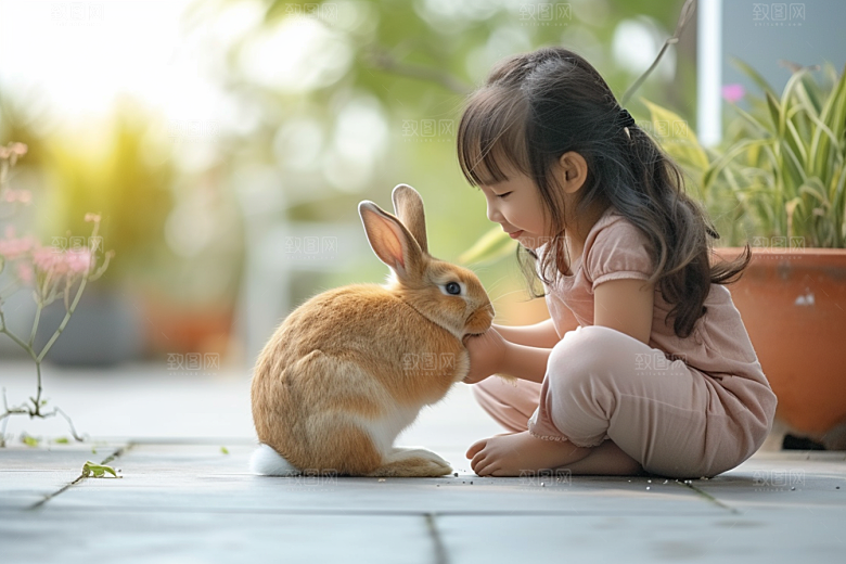 儿童和兔子童趣孩子摄影图