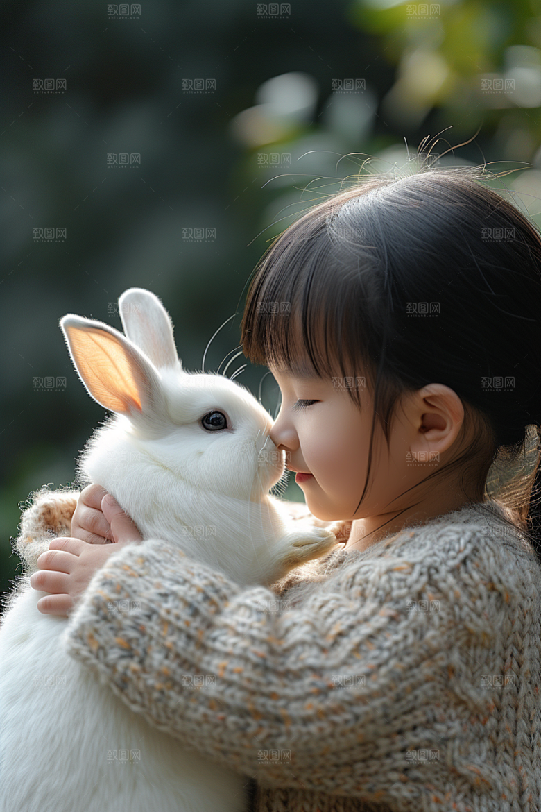 儿童和兔子可爱宠物摄影图