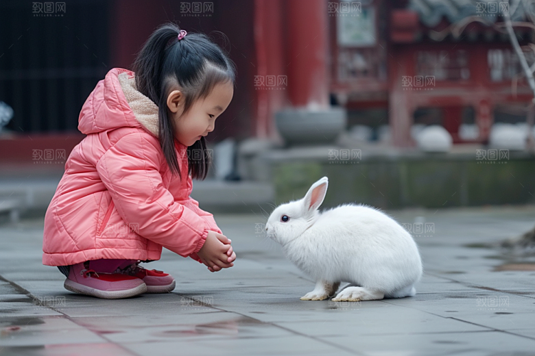 儿童和兔子生活可爱摄影图