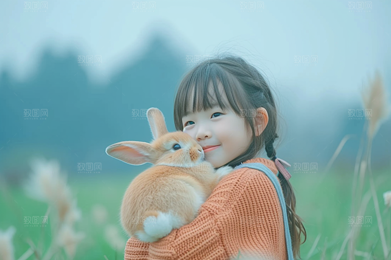 儿童和兔子孩子清新摄影图