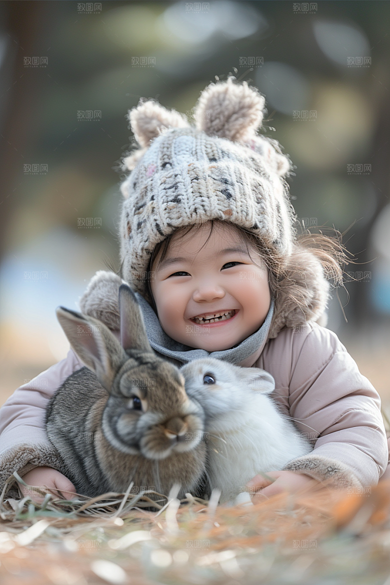 儿童和兔子可爱清新摄影图