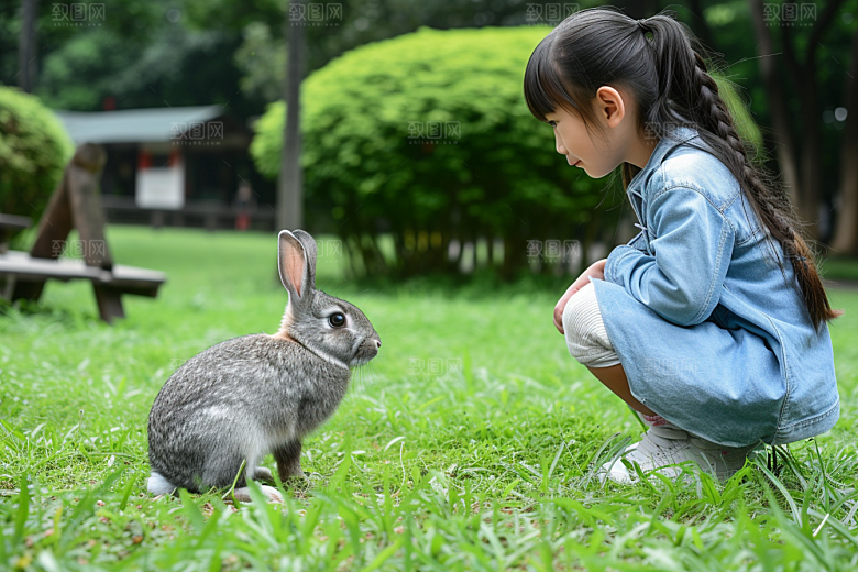 儿童和兔子孩子自然摄影图