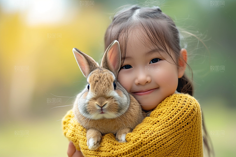 儿童和兔子生活宠物摄影图