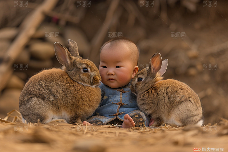 儿童和兔子童趣清新摄影图