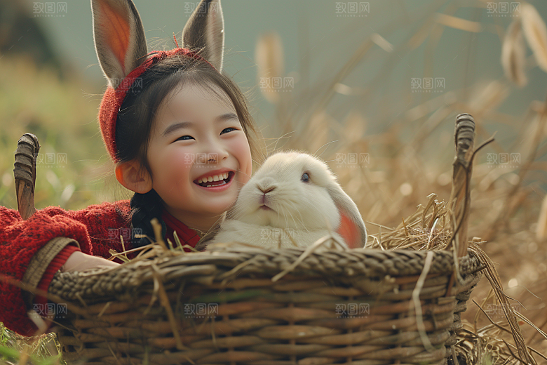 儿童和兔子童趣生活摄影图