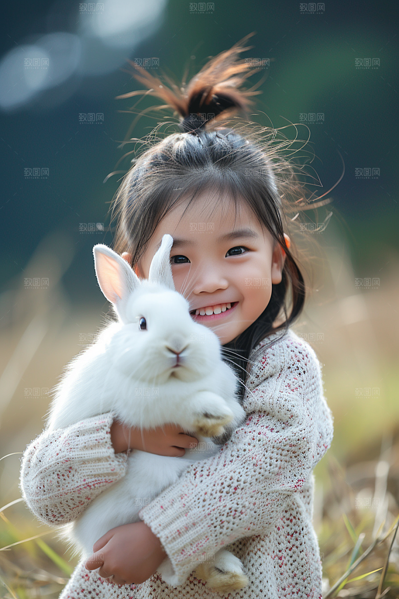 儿童和兔子高清孩子摄影图