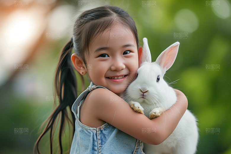 儿童和兔子孩子可爱摄影图