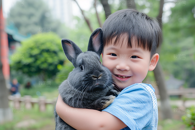 儿童和兔子高清生活摄影图