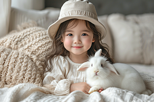 儿童和兔子清新生活摄影图
