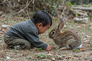 儿童和兔子可爱自然摄影图