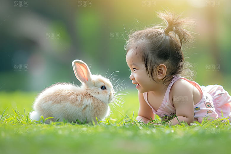 儿童和兔子爱心高清摄影图
