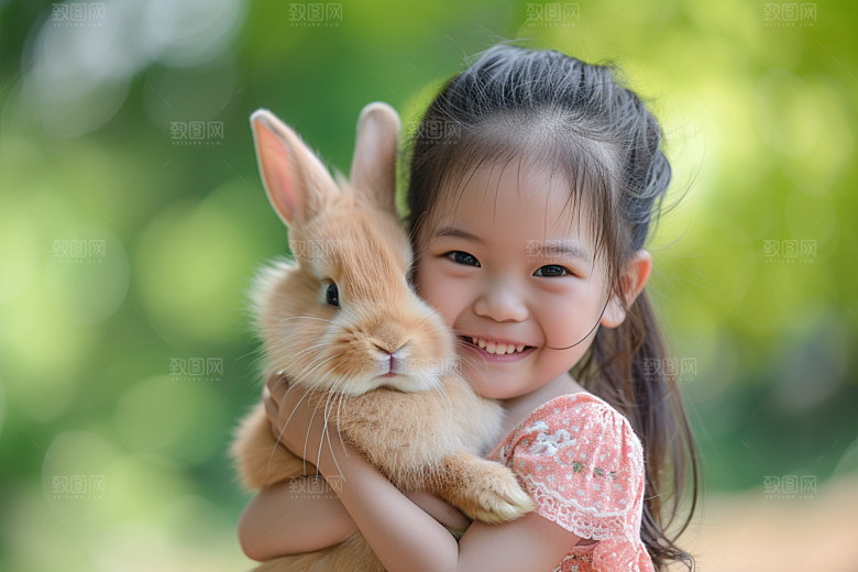 儿童和兔子生活宠物摄影图