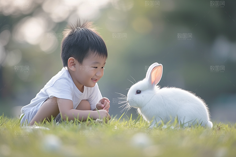 儿童和兔子童趣爱心摄影图