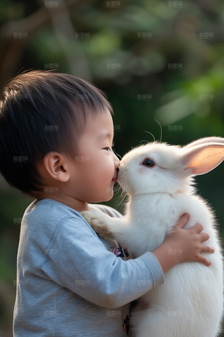 儿童和兔子自然宠物摄影图