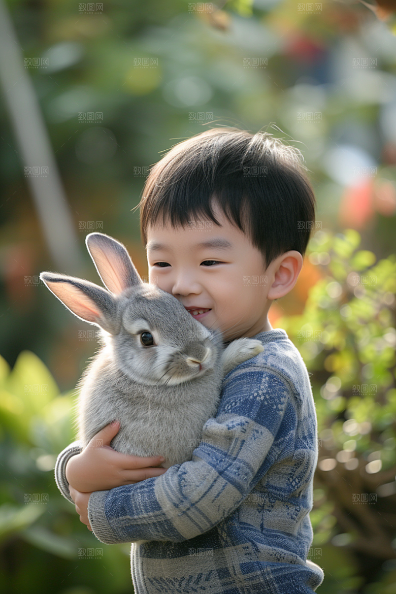 儿童和兔子孩子爱心摄影图