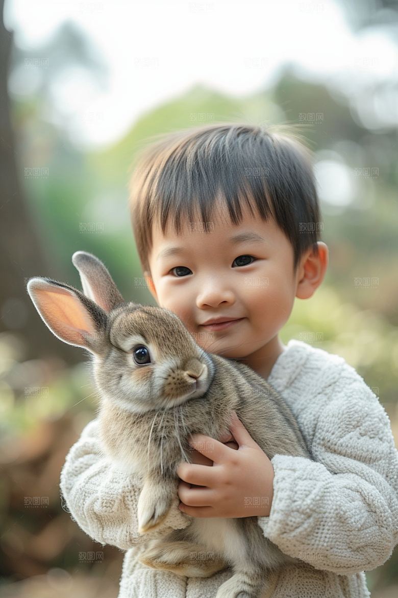 儿童和兔子孩子生活摄影图