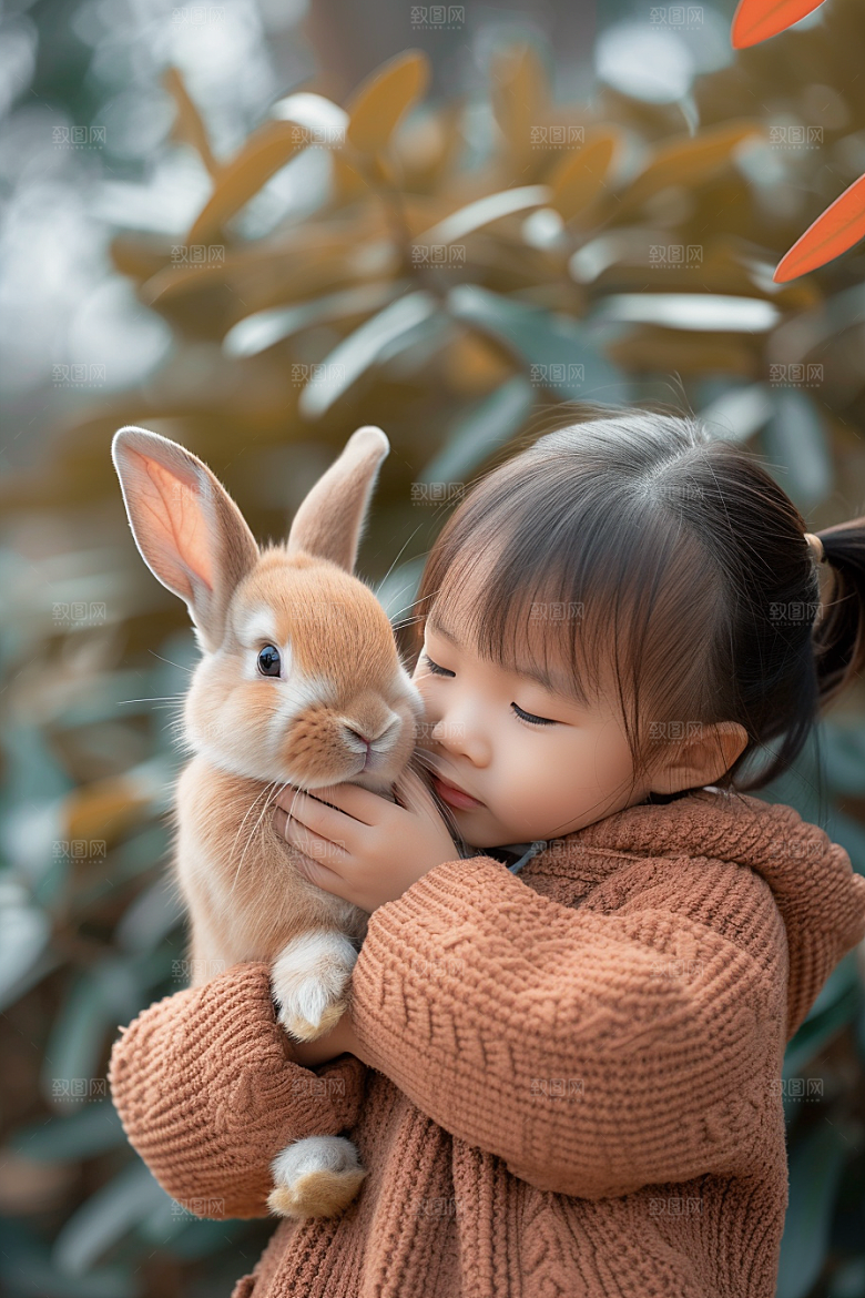 儿童和兔子爱心生活摄影图