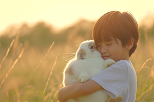 儿童和兔子自然可爱摄影图