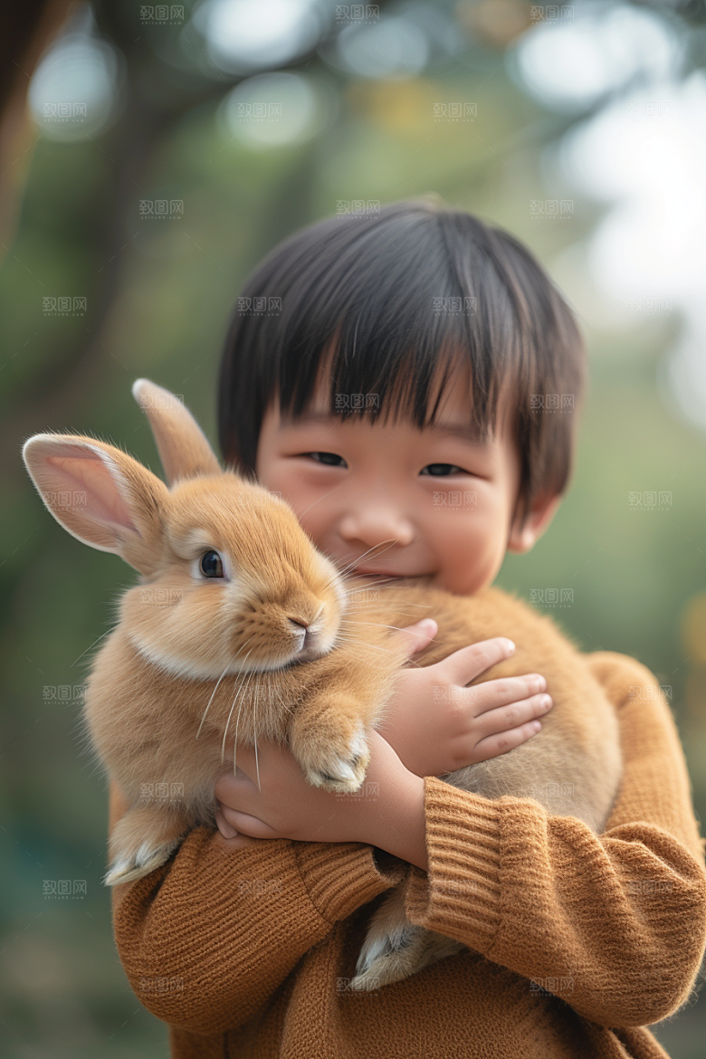 儿童和兔子高清清新摄影图