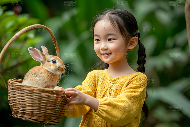 儿童和兔子清新自然摄影图