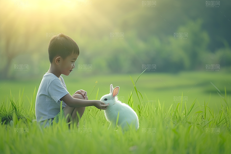 儿童和兔子自然可爱摄影图