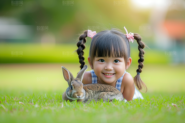 儿童和兔子宠物清新摄影图