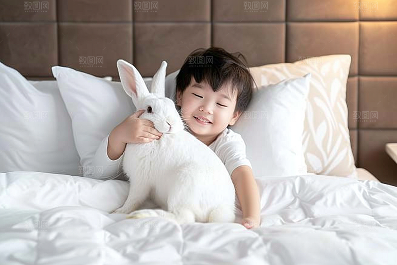 儿童和兔子童趣爱心摄影图