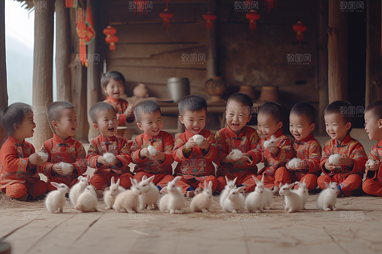 儿童和兔子童趣孩子摄影图