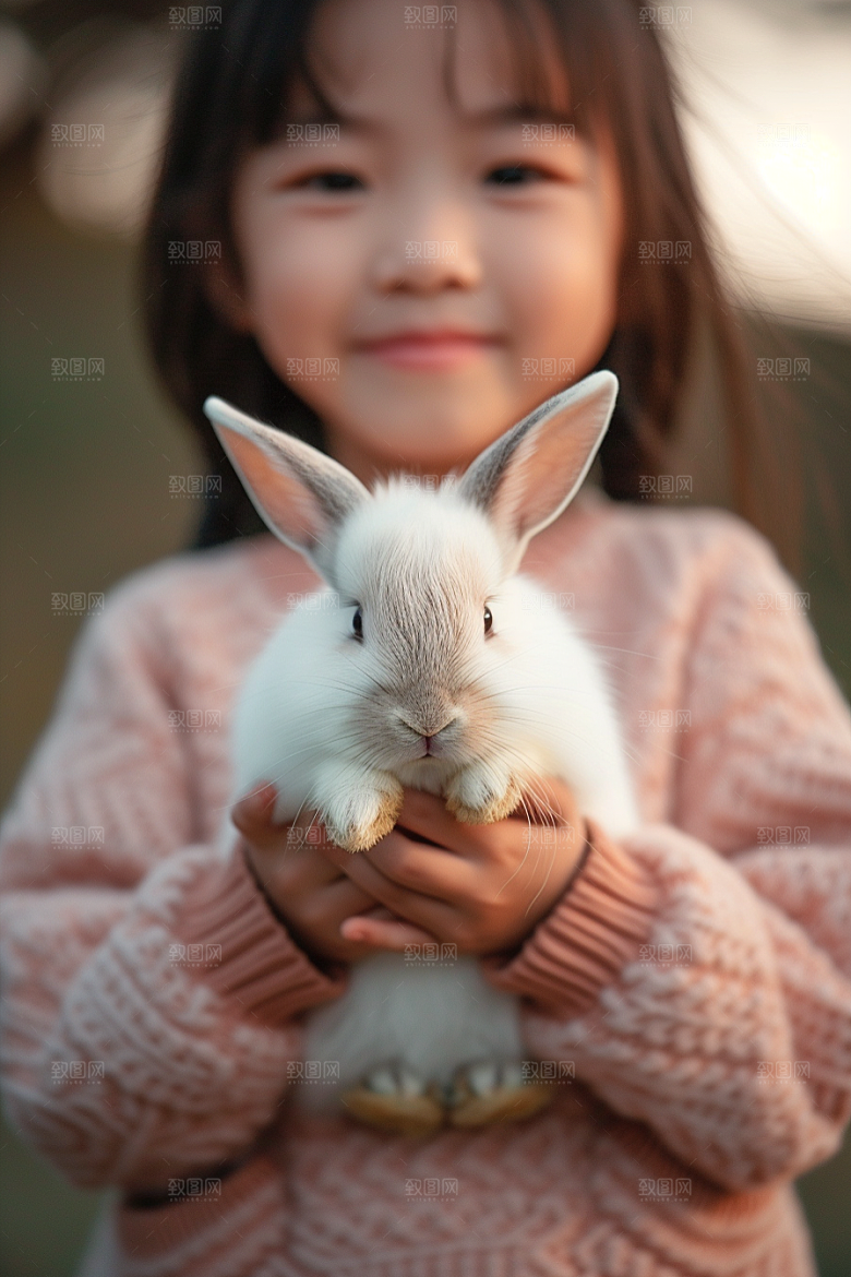 儿童和兔子童趣自然摄影图