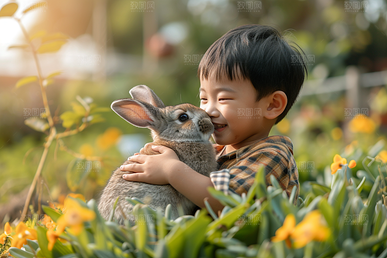 儿童和兔子孩子可爱摄影图
