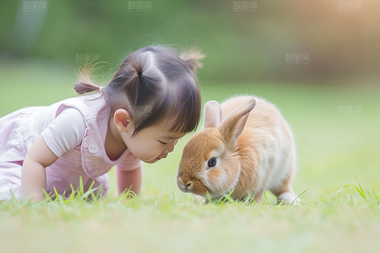 儿童和兔子自然高清摄影图
