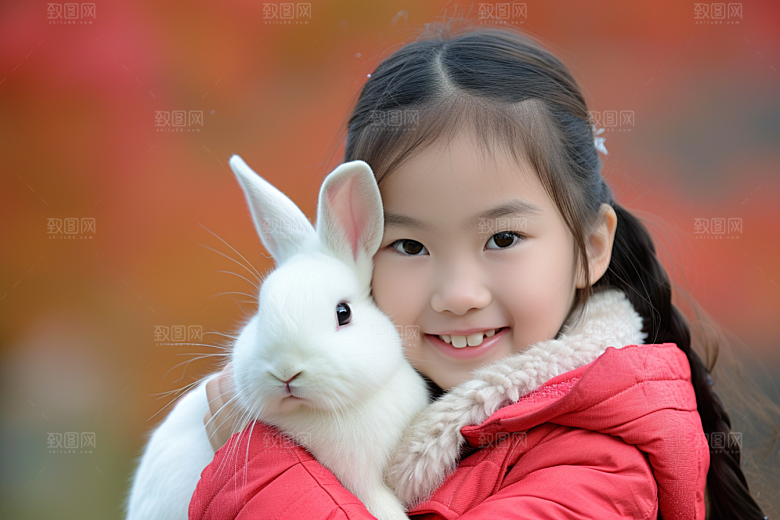 儿童和兔子生活孩子摄影图