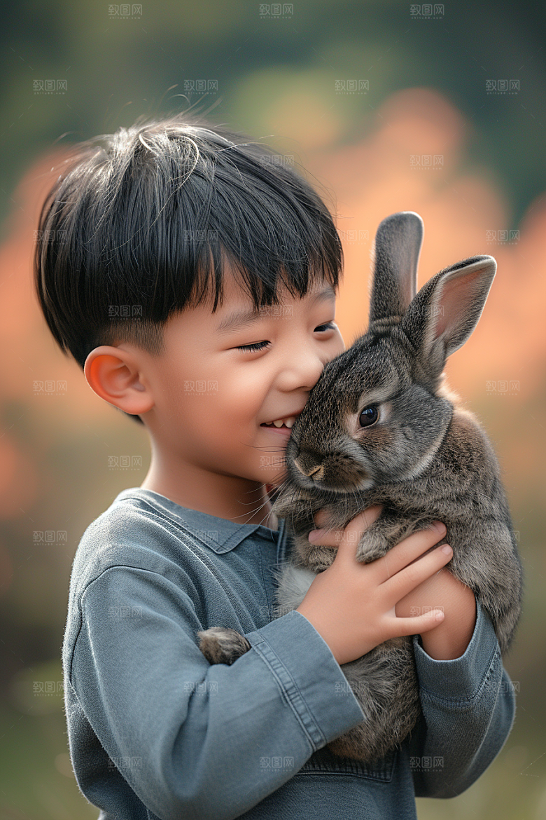 儿童和兔子可爱童趣摄影图