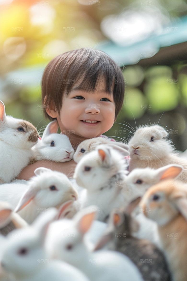 儿童和兔子可爱爱心摄影图
