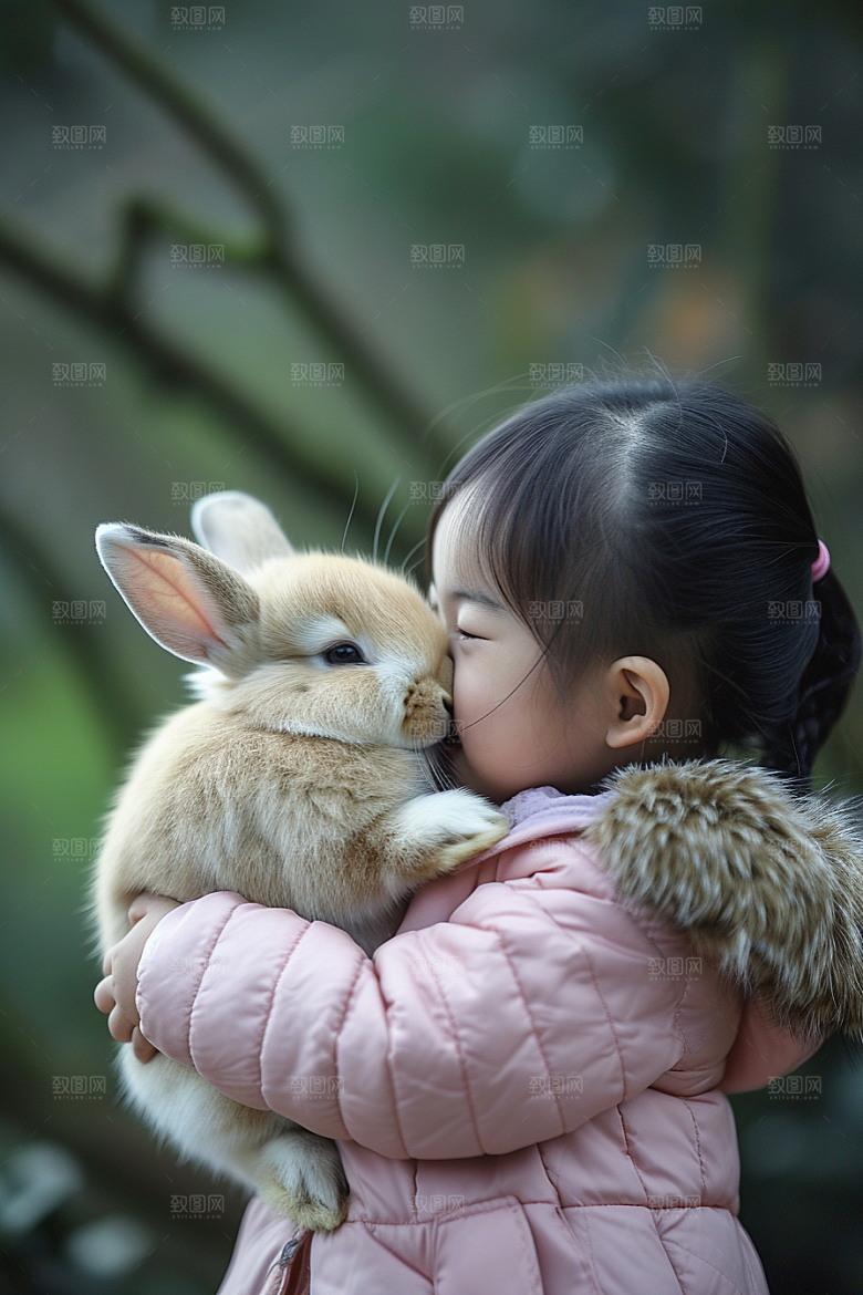 儿童和兔子孩子清新摄影图