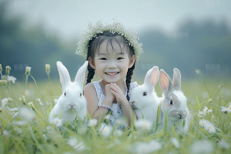 儿童和兔子可爱孩子摄影图