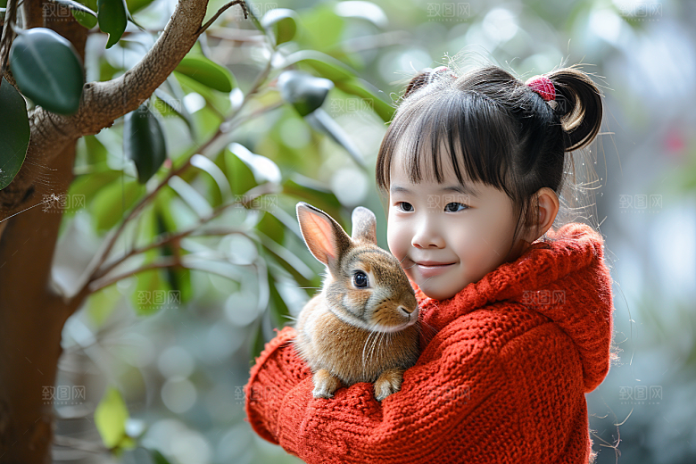 儿童和兔子孩子宠物摄影图