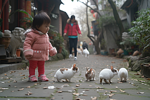 儿童和兔子爱心宠物摄影图