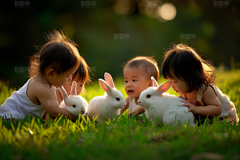 儿童和兔子自然高清摄影图