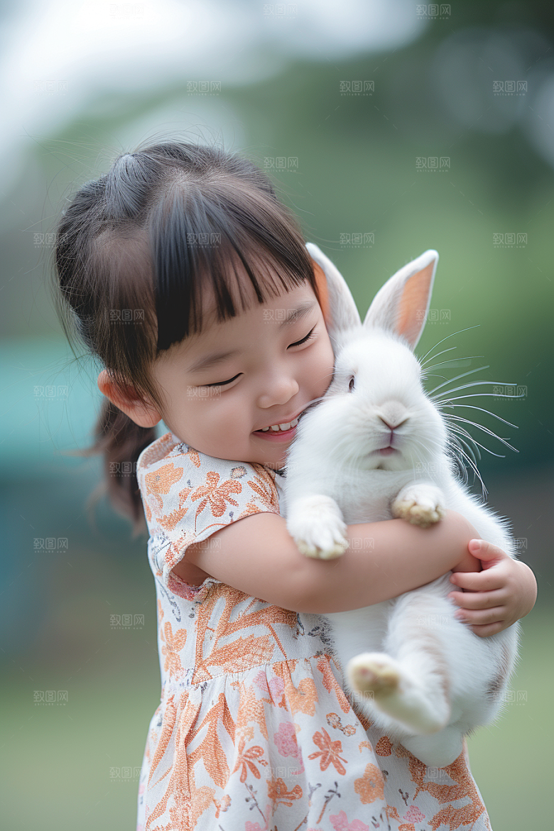 儿童和兔子生活童趣摄影图