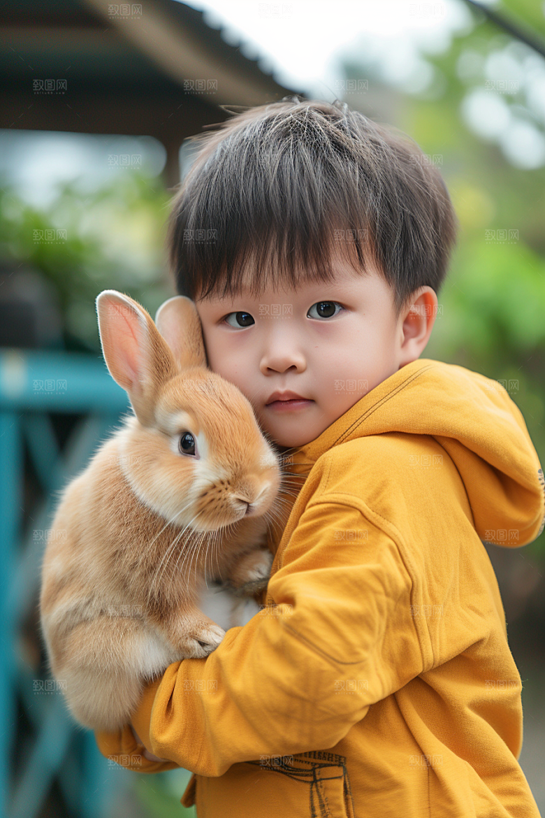 儿童和兔子爱心孩子摄影图