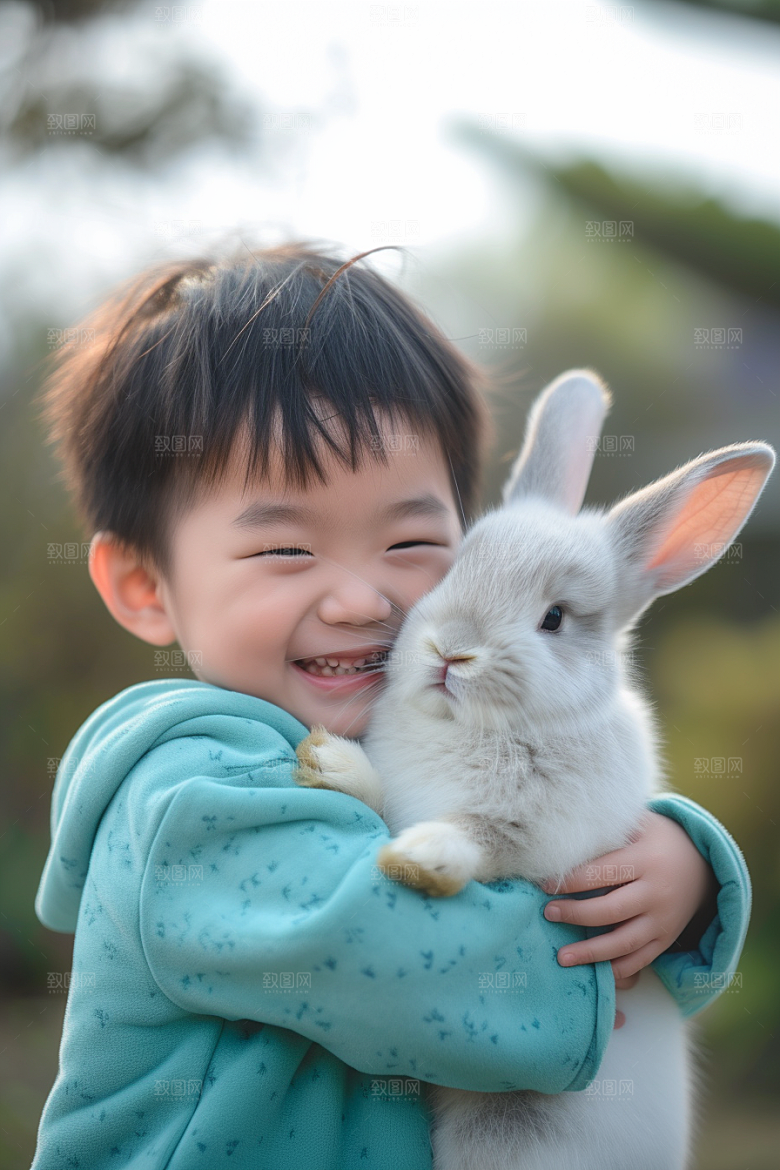 儿童和兔子孩子自然摄影图